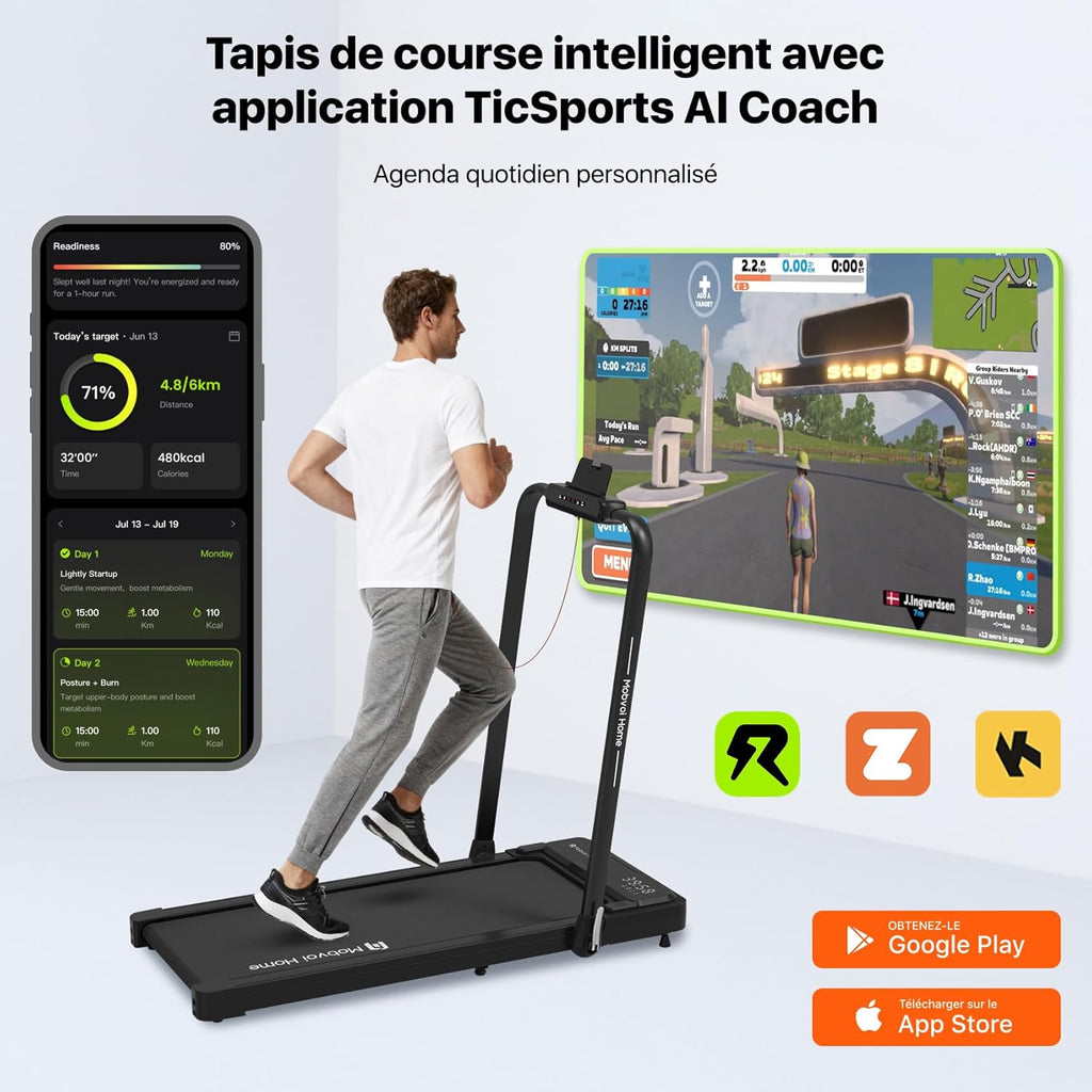 Mobvoi Tapis de course 12 km/h – Smart AI + App TicSports – Grande Surface – Jusqu’à 120 kg
