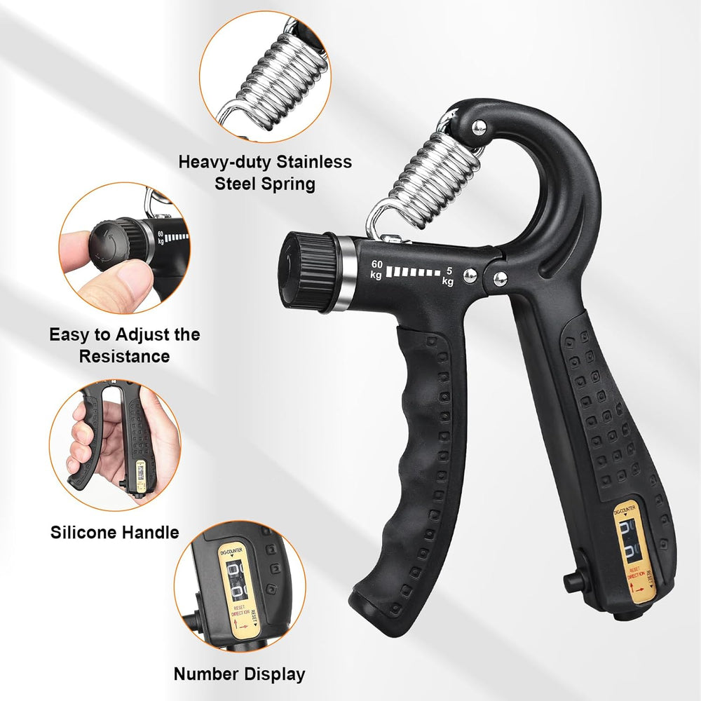 GRIFEMA GA5003, Hand Grip, Grip Musculation avec Compteur, Résistance Réglable 5-60kg, pour Athlètes et Exercices de Récupération de la Main, Noir