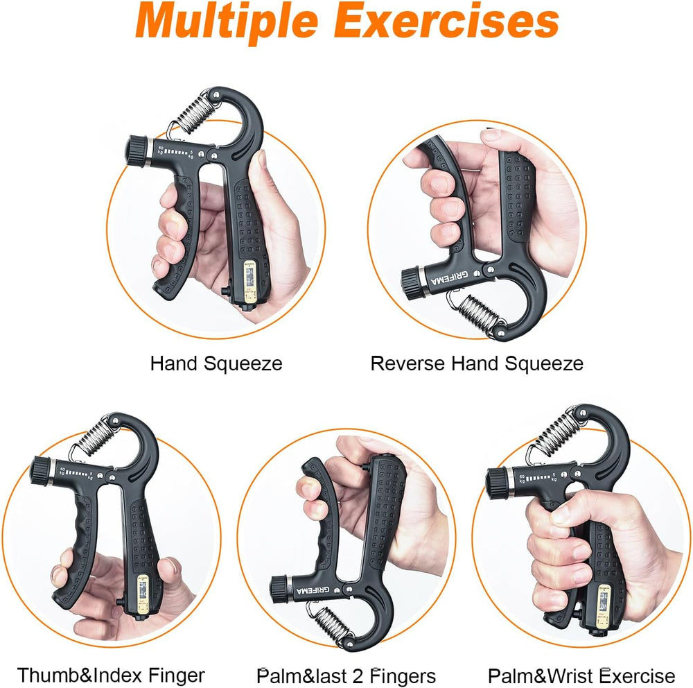 GRIFEMA GA5003, Hand Grip, Grip Musculation avec Compteur, Résistance Réglable 5-60kg, pour Athlètes et Exercices de Récupération de la Main, Noir